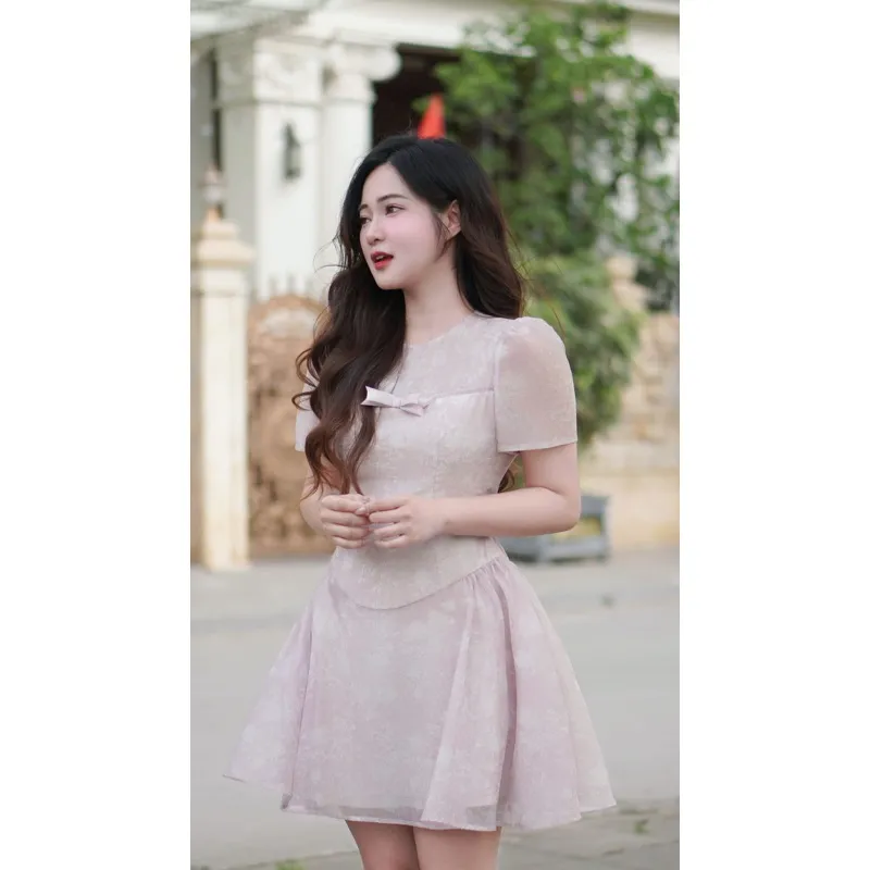 Ảnh Đầm đè dây nơ ngực, nhún sườn họa tiết 1R07.2503OG, váy tơ mềm chiết eo dáng xòe bồng nữ tính đáng yêu thiết kế bởi JM 4