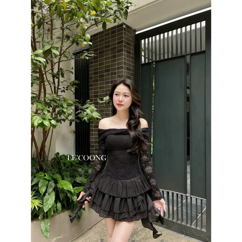 Ảnh Đầm Đẹp Dáng Ngắn Ba Màu Đỏ Đen Be LECOONG V713 Đầm Đi Tiệc Trễ Vai Xếp Tầng Sang Chảnh 2