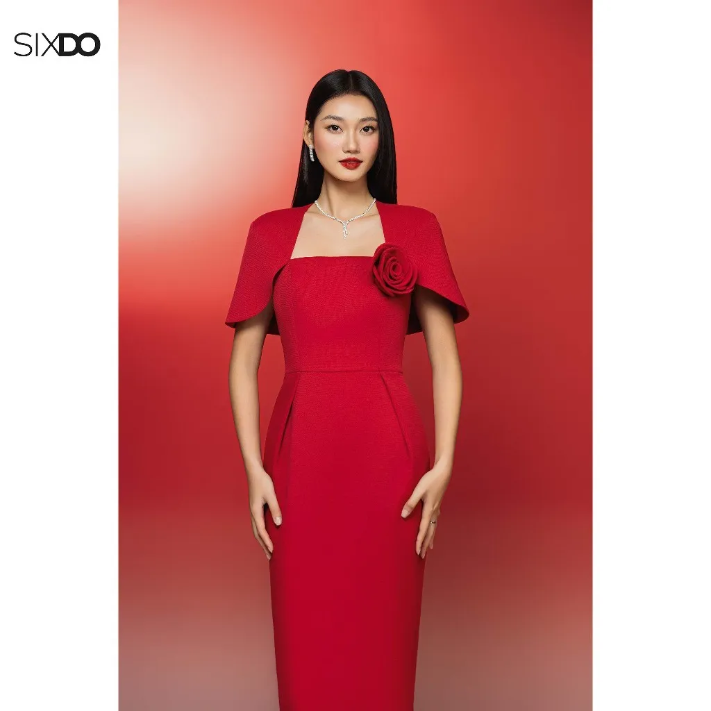 Ảnh Đầm đỏ bút chì phối hoá SIXDO (Red Raw Pencil Dress With Flower) 1