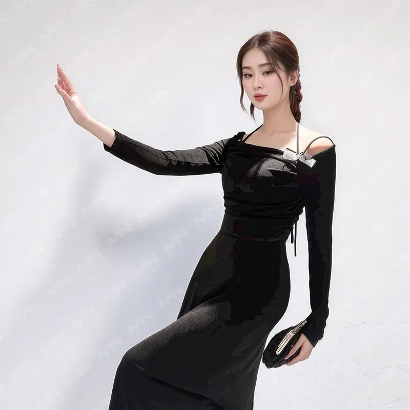 Ảnh Đầm dự tiệc Mina dài tay dáng ôm midi quyến rũ sang trọng chất Thun Lazong màu đen - MN257 2