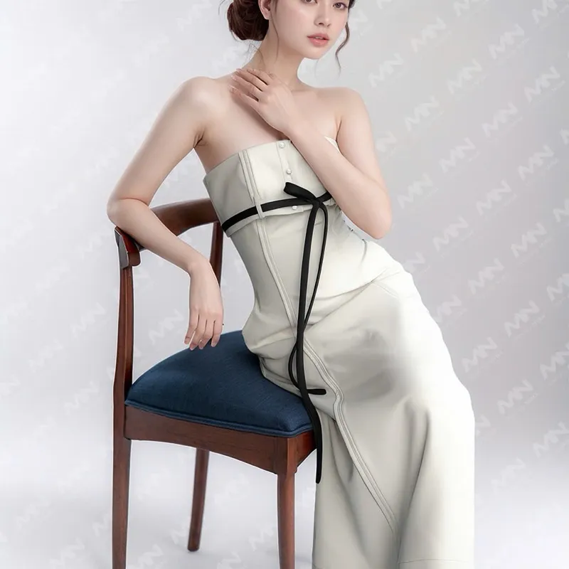 Ảnh Đầm dự tiệc MINA dáng suông dài midi thiết kế cúp ngực chất KaKi quyến rũ sang trọng MN244 4