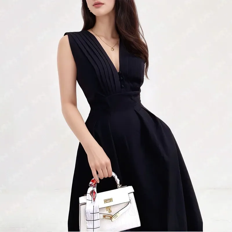 Ảnh Đầm dự tiệc MINA dáng xoè midi cổ chữ V xếp ly ngực sát nách màu đen sang trọng quyến rũ xinh đẹp MN182 1