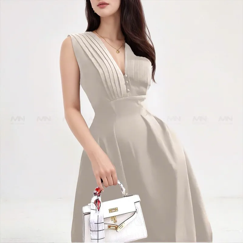 Ảnh Đầm dự tiệc MINA dáng xoè midi cổ chữ V xếp ly ngực sát nách màu nude da sang trọng quyến rũ xinh đẹp MN182 3