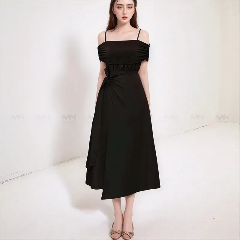 Ảnh Đầm dự tiệc MINA hai dây trễ vai dáng xoè vạt chéo midi chất Cotton phối thun Lazong màu đen MN250 1