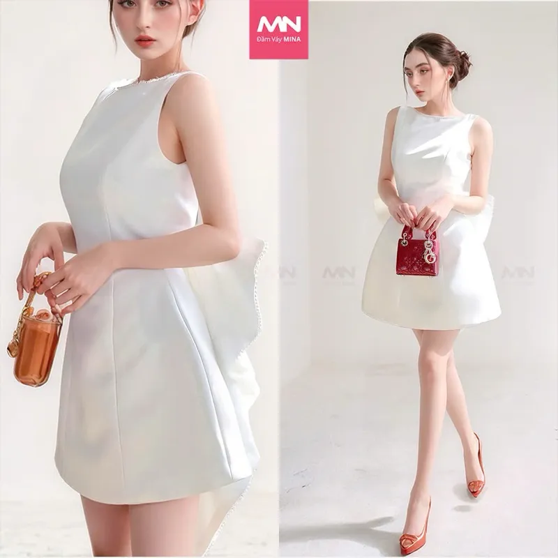 Ảnh Đầm dự tiệc MINA hở lưng dáng ngắn chữ A chất Taffta màu trắng quyến rũ MN308 1