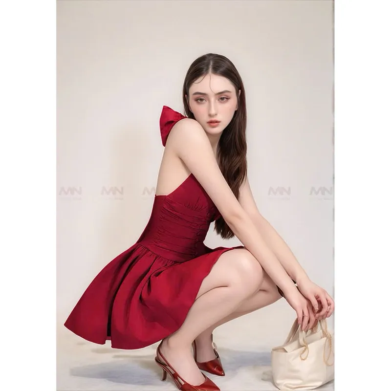 Ảnh Đầm dự tiệc MINA hở lưng dáng xoè ngắn chất Cotton trẻ trung màu đỏ đô MN303 1