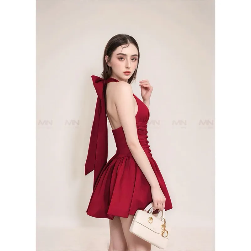 Ảnh Đầm dự tiệc MINA hở lưng dáng xoè ngắn chất Cotton trẻ trung màu đỏ đô MN303 3