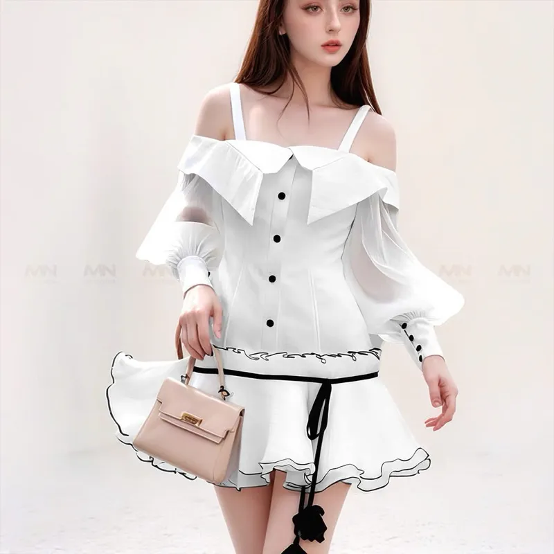 Ảnh Đầm dự tiệc MINA tay dài dáng xoè cách điệu xinh đẹp chất Taffta phối Tơ lụa màu trắng MN306 2