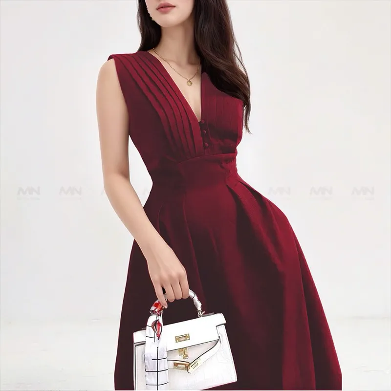 Ảnh Đầm dự tiệc MINA thiết kế dáng suông midi chất Cotton màu đỏ đô MN182 1