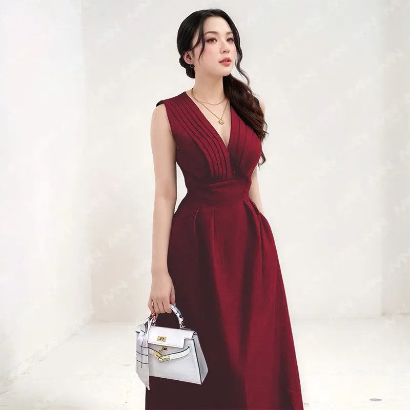 Ảnh Đầm dự tiệc MINA thiết kế dáng suông midi chất Cotton màu đỏ đô MN182 3