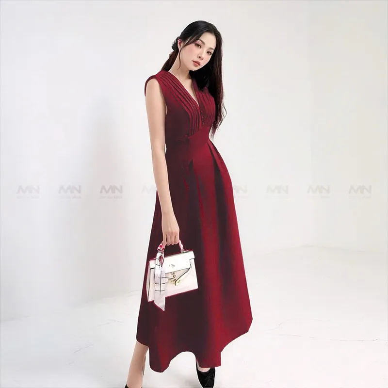 Ảnh Đầm dự tiệc MINA thiết kế dáng suông midi chất Cotton màu đỏ đô MN182 4
