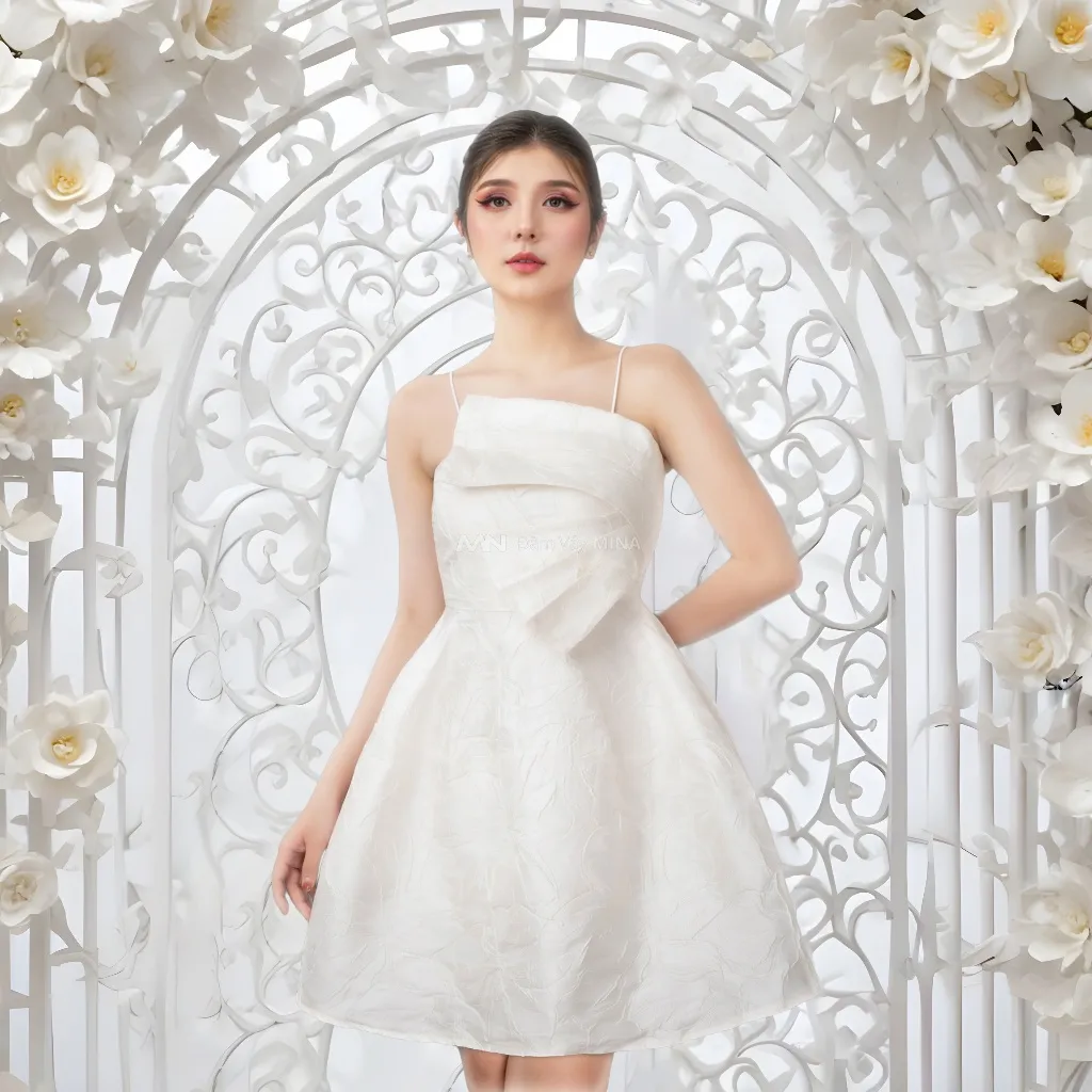 Ảnh Đầm dự tiệc sang trọng MINA chất liệu gấm hoa nổi thiết kế hai dây dáng xoè đắp nơ ngực (CÓ ĐỆM NGỰC) MN126 1