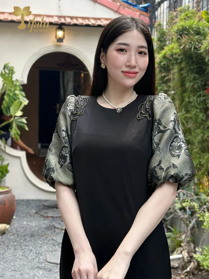 Ảnh Đầm dự tiệc trung niên Zol by TIFALU dáng suông màu đen sang trọng - ZOL319BLK 2
