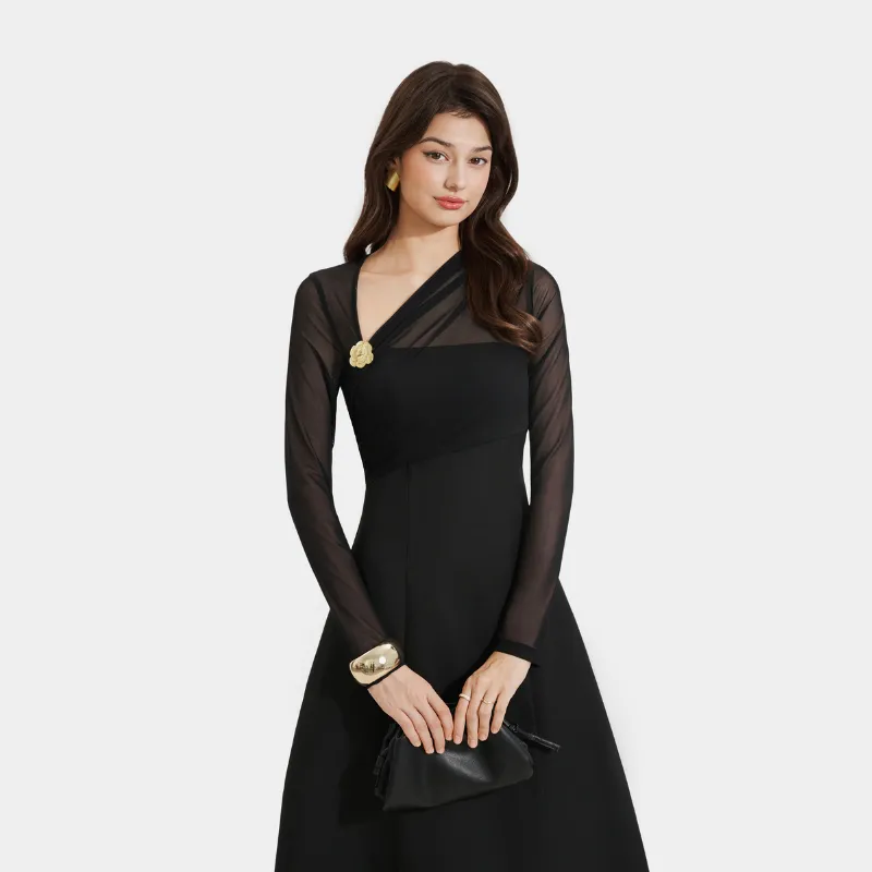 Đầm Kiểu Nữ MARC FASHION Form A Tay Dài Phối Lưới Thun Cài Hoa FASH111924 - Thanh Lịch & Cuốn Hút