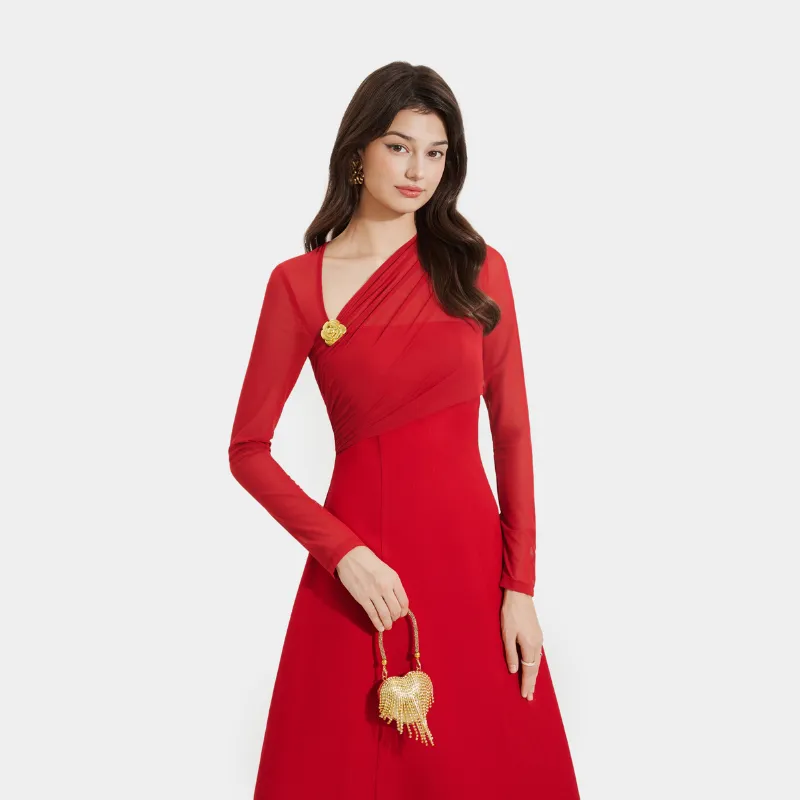 Ảnh Đầm Kiểu Nữ MARC FASHION Form A Tay Dài Phối Lưới Thun Cài Hoa - FASH111924 2
