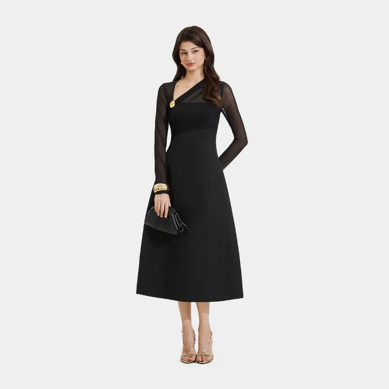 Ảnh Đầm Kiểu Nữ MARC FASHION Form A Tay Dài Phối Lưới Thun Cài Hoa - FASH111924 3