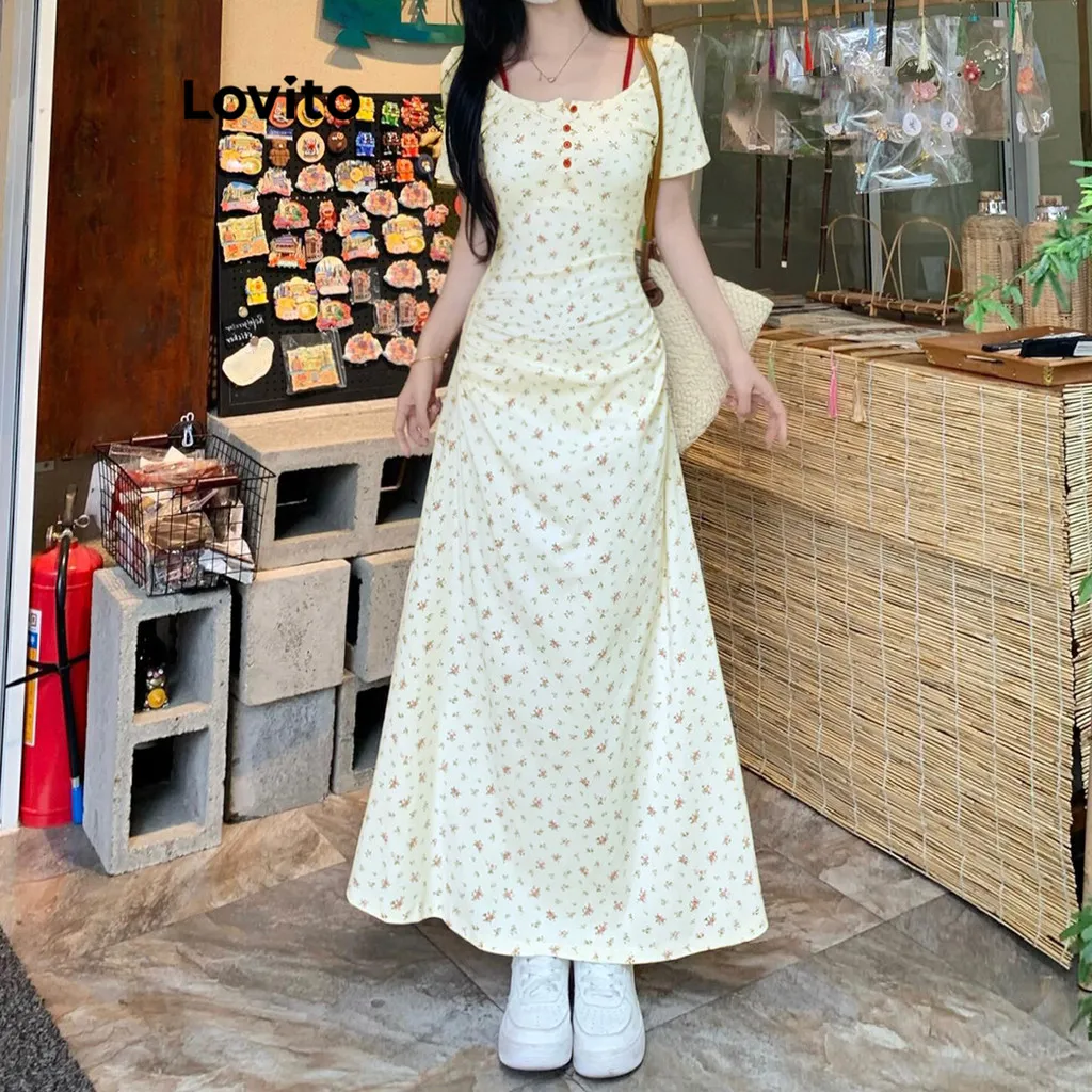 Ảnh Đầm Lovito hoa nhí xếp nếp giả hai lớp có nút phong cách thường ngày cho nữ L98AD144 3