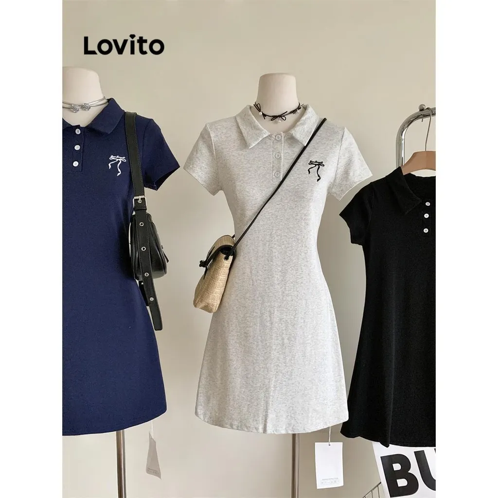 Ảnh Đầm Lovito phối nơ màu trơn phong cách thường ngày cho nữ LNM68129 3