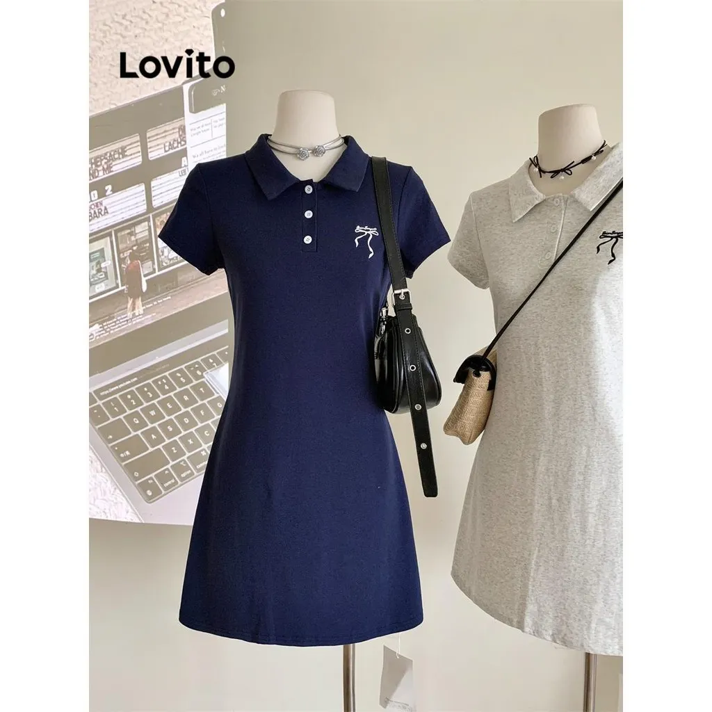 Ảnh Đầm Lovito phối nơ màu trơn phong cách thường ngày cho nữ LNM68129 4
