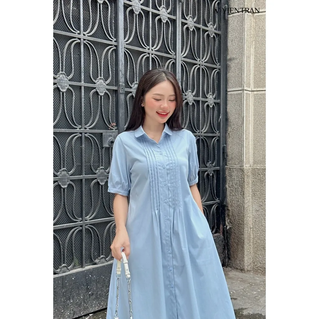 Ảnh Đầm nữ cổ sen dáng xòe rộng mí ngực xanh dương nữ tính VIEN TRAN V63L25Q003 1