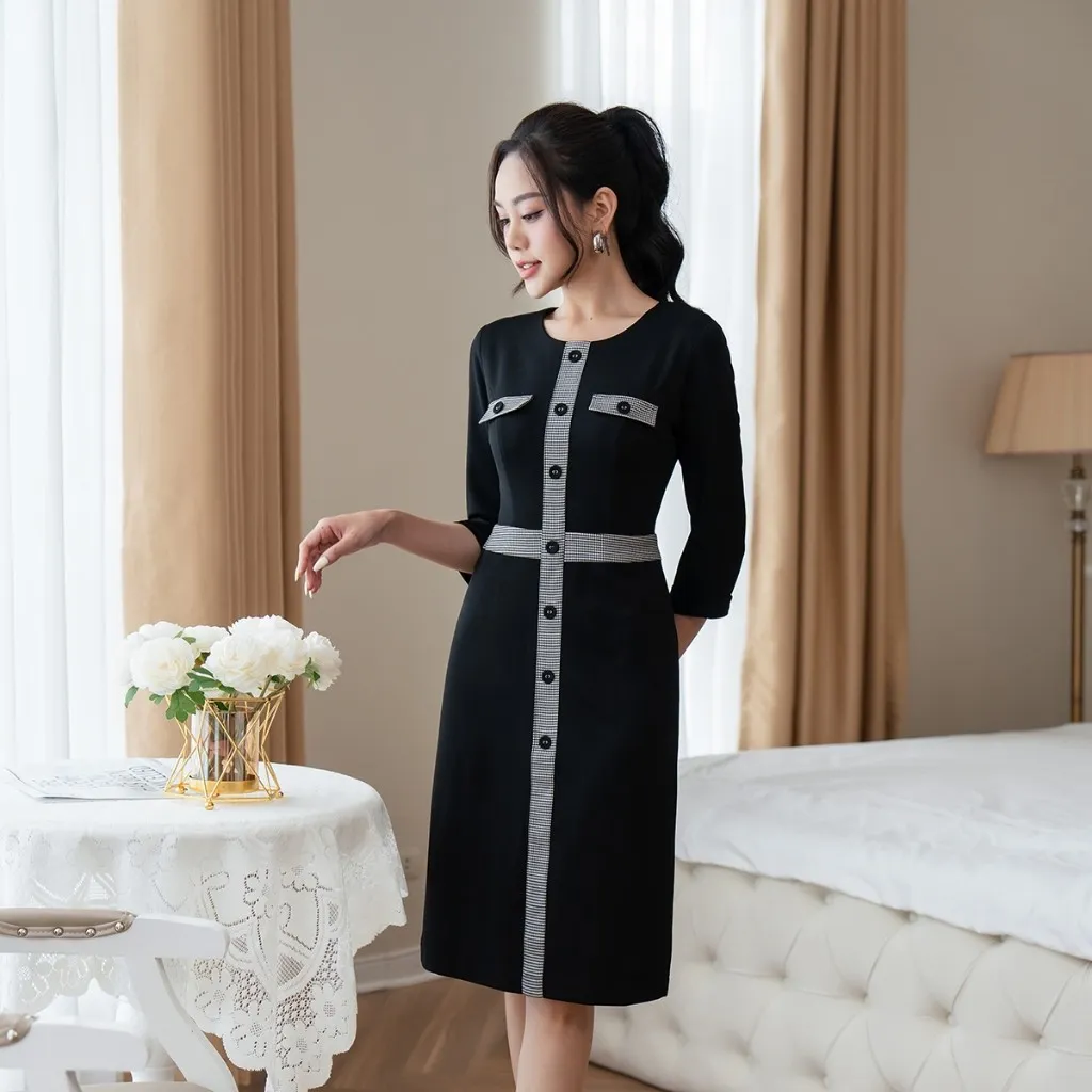 Ảnh Đầm nữ dáng nẹp đính khuy LAMER L63F23Q027 4