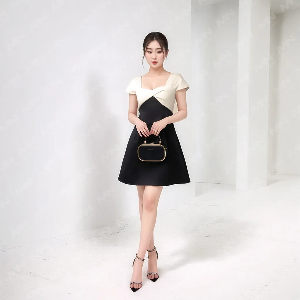 Ảnh Đầm nữ MINA dáng xoè ngắn chất Taffeta phối nơ ngực tơ gân sang trọng dự tiệc, đi chơi, công sở MN187 3