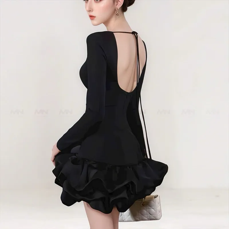 Ảnh Đầm ôm body dài tay MINA thiết kế hở lưng chất Cotton Nhật phối Taffta màu đen - MN299 2