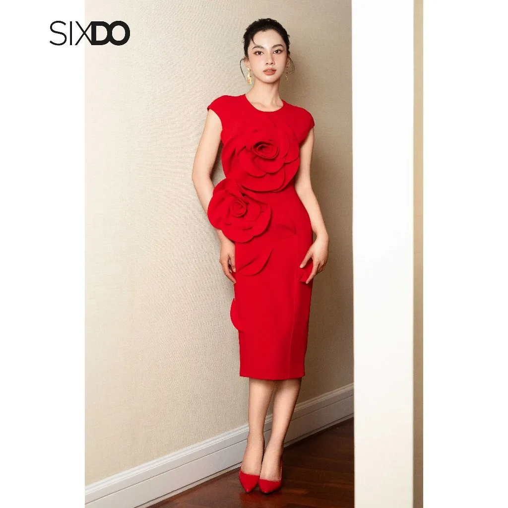 Ảnh Đầm ôm bút chì hoa 3D SIXDO (Red 3D Flower Woven Pencil Dress) 1