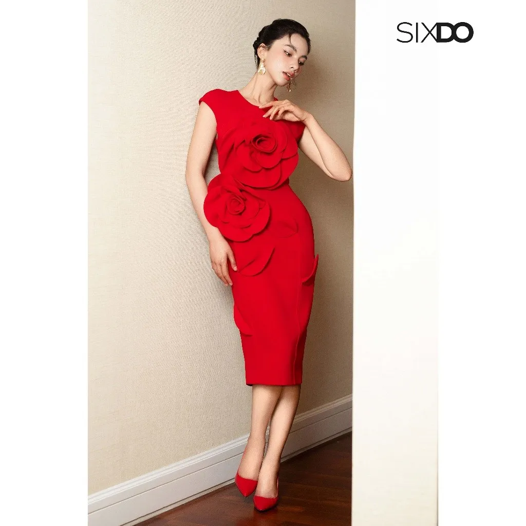 Ảnh Đầm ôm bút chì hoa 3D SIXDO (Red 3D Flower Woven Pencil Dress) 2