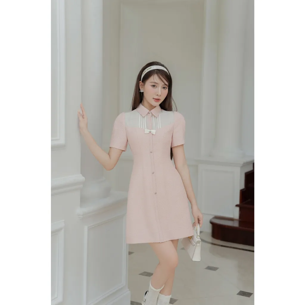Ảnh Đầm phối xếp ly ngực, đính nơ 1S64.2406OG, váy đầm xếp li ngực phối nơ đính kiểu dáng nữ tính thanh lịch thiết kế bởi JM 2
