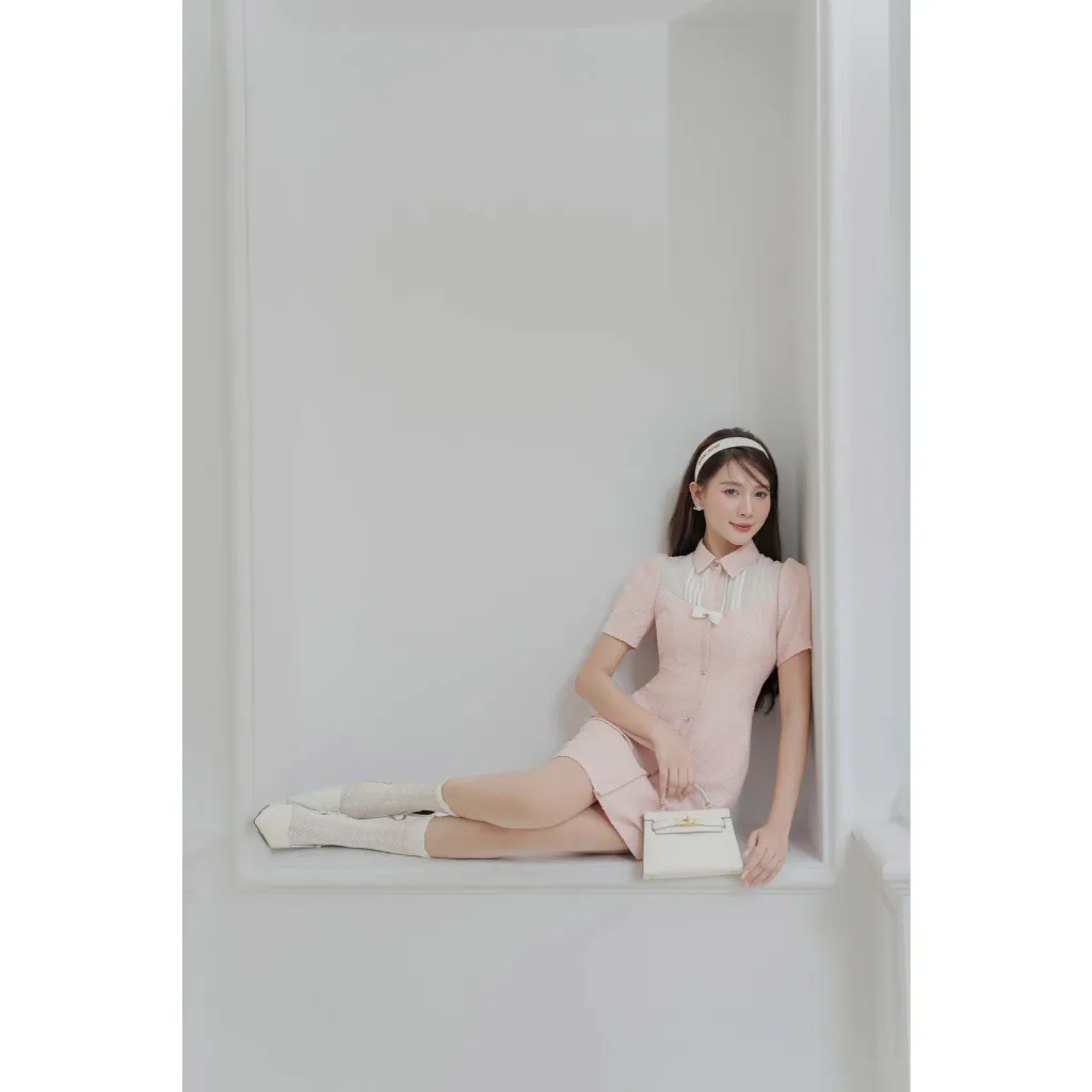 Ảnh Đầm phối xếp ly ngực, đính nơ 1S64.2406OG, váy đầm xếp li ngực phối nơ đính kiểu dáng nữ tính thanh lịch thiết kế bởi JM 3