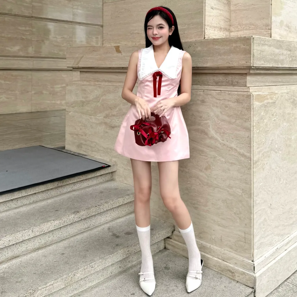 Ảnh Đầm sát nách màu hồng phối cổ sơ mi viền ren đính nơ dáng ngắn SERENA - Simple Twist 1