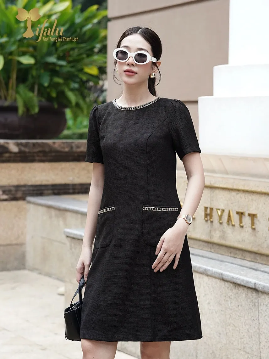 Ảnh Đầm suông A bigsize cao cấp TIFALU  Zol325BLK màu đen viền da thanh lịch 2