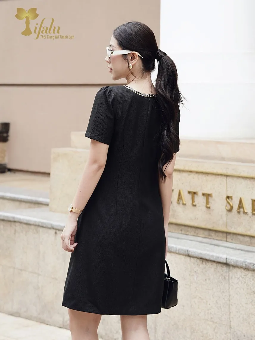 Ảnh Đầm suông A bigsize cao cấp TIFALU  Zol325BLK màu đen viền da thanh lịch 3