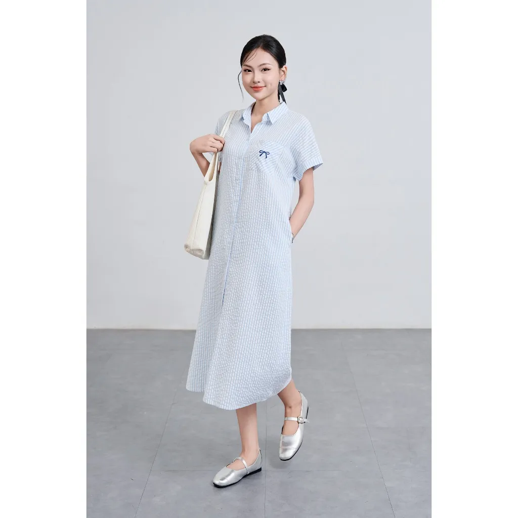 Ảnh Đầm Suông Cổ Đức Thêu Ngực Đầm Sơ Mi Dáng Dài VIEN TRAN V63T25H009 1