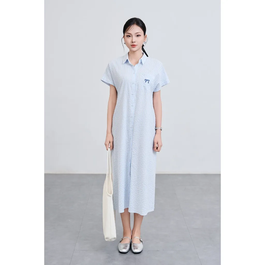 Ảnh Đầm Suông Cổ Đức Thêu Ngực Đầm Sơ Mi Dáng Dài VIEN TRAN V63T25H009 4