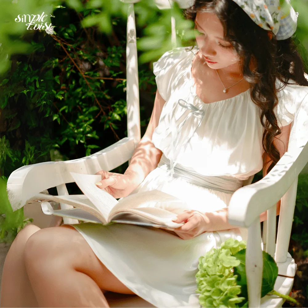 Ảnh Đầm tay bồng cổ tim phối nơ thắt eo tôn dáng màu trắng INDIGO dể thương nhẹ nhàng - Simple Twist 2