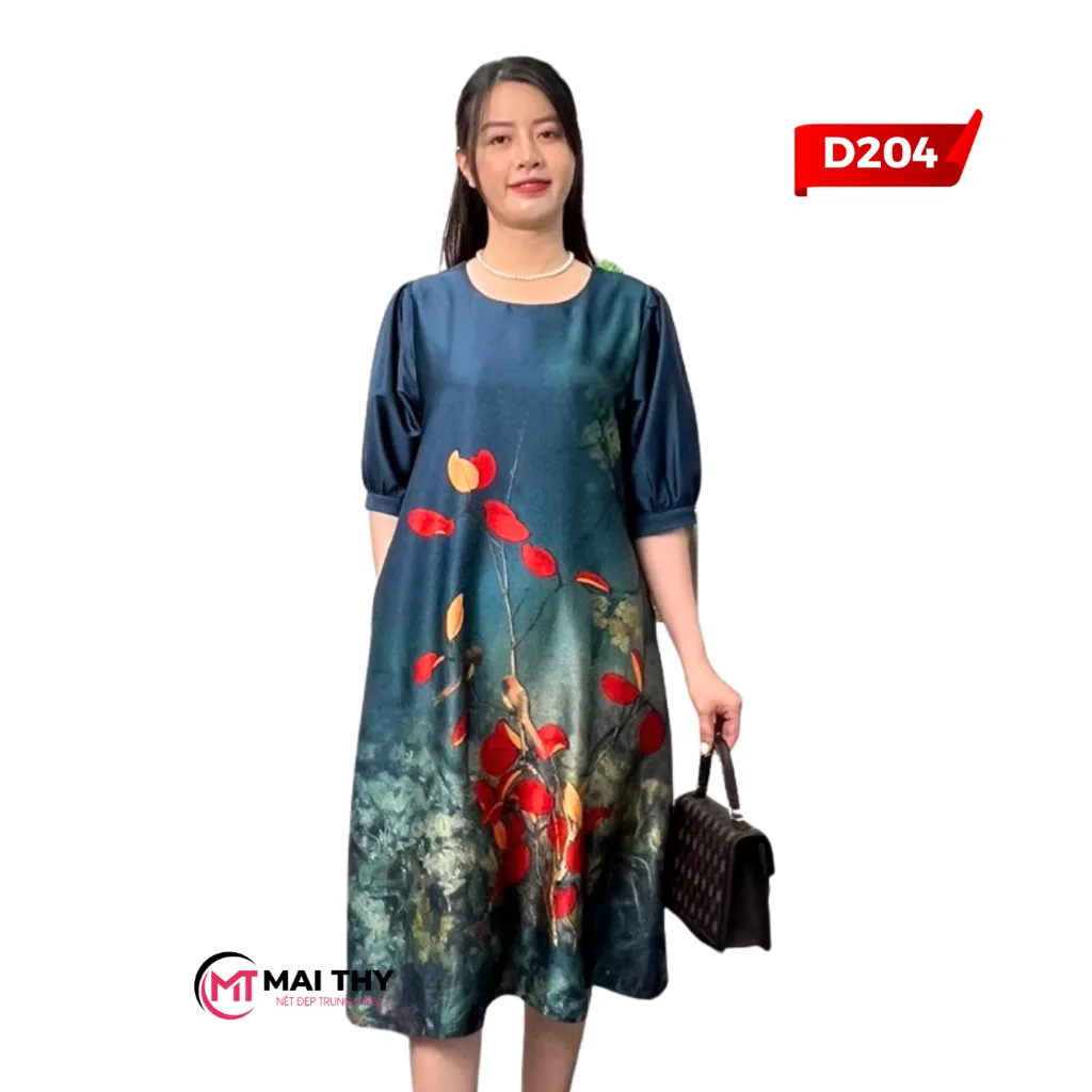 Ảnh Đầm Thiết Kế MAI THY, Mẫu Váy Đi Tiệc Sang Trọng Cho Mẹ Cổ Tròn Ngắn Tay Bigsize Chất Lụa Latinh In 3D Lịch Sự Trang Nhã 3