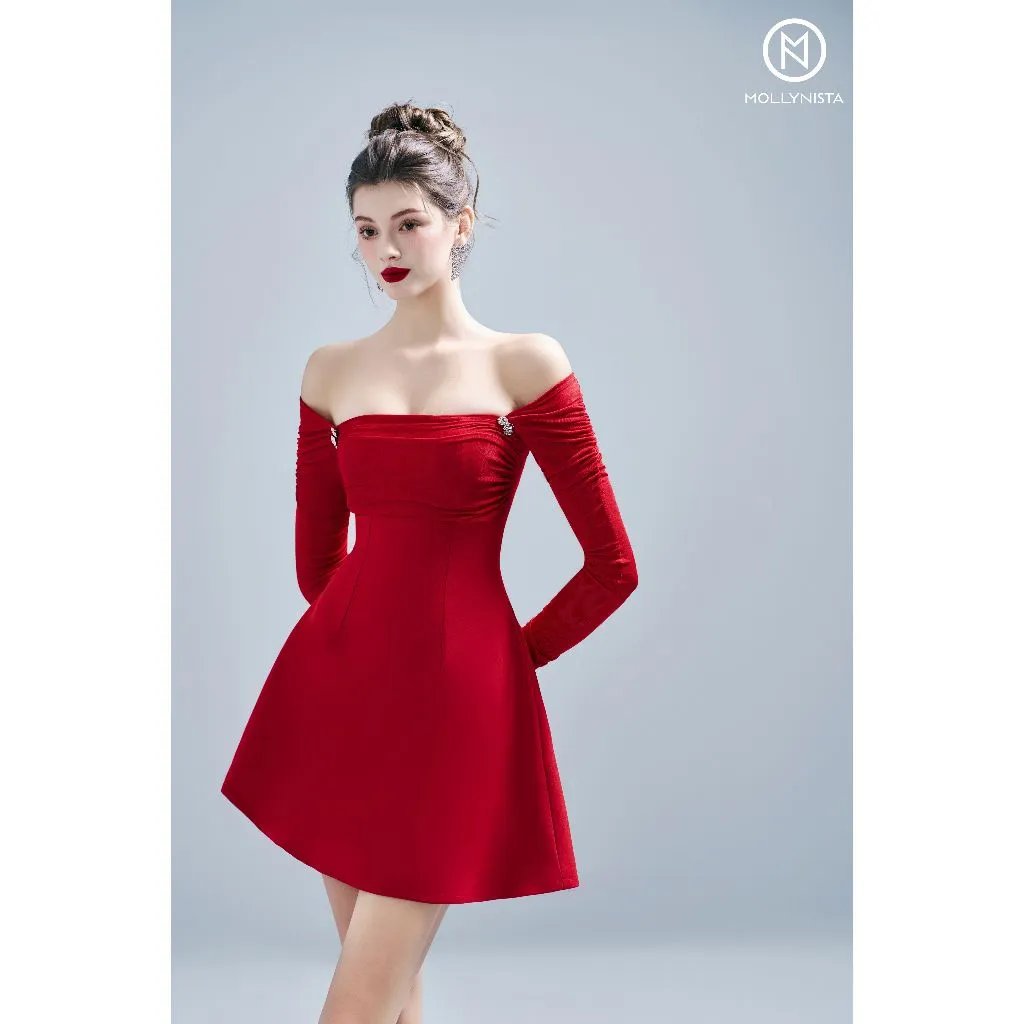 Ảnh Đầm thiết kế phối thun nhún tay dài MOLLYNISTA quyến rũ thanh lịch nữ tính cao cấp 2