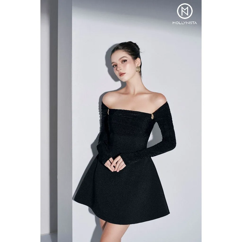 Ảnh Đầm thiết kế phối thun nhún tay dài MOLLYNISTA quyến rũ thanh lịch nữ tính cao cấp 3