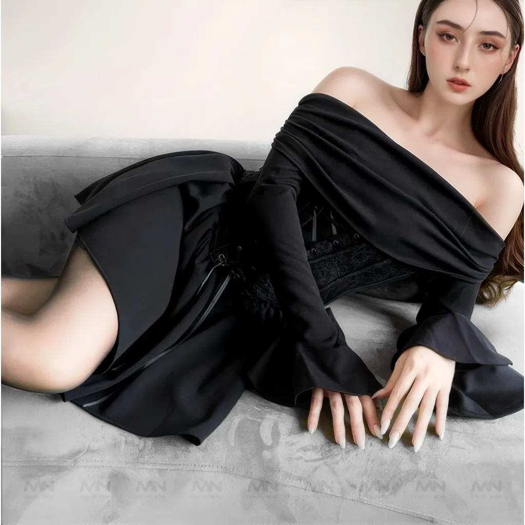 Ảnh Đầm trễ vai Corset MINA thiết kế dự tiệc, dạ hội chất liệu Cotton Nhật phối ren MN285 1