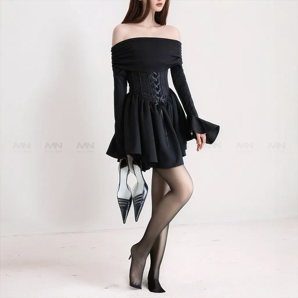 Ảnh Đầm trễ vai Corset MINA thiết kế dự tiệc, dạ hội chất liệu Cotton Nhật phối ren MN285 2