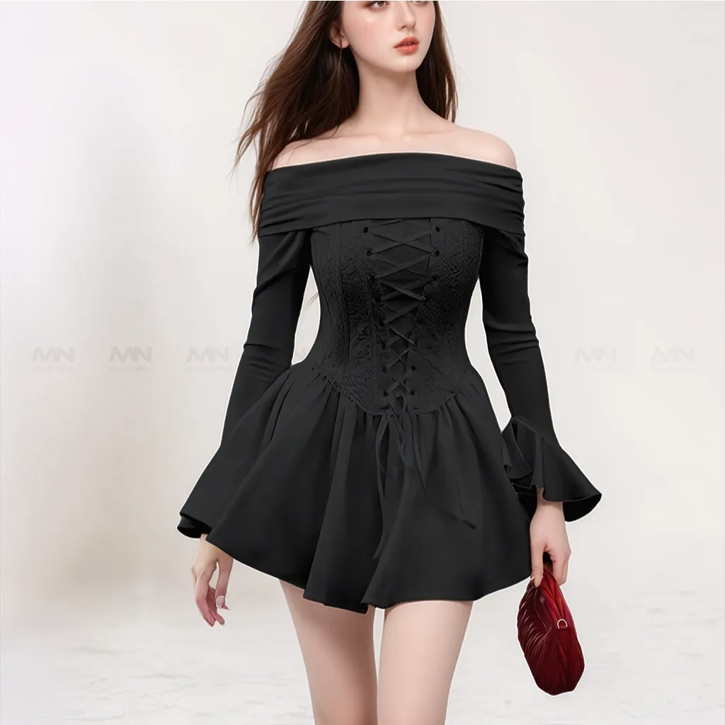 Ảnh Đầm trễ vai Corset MINA thiết kế dự tiệc, dạ hội chất liệu Cotton Nhật phối ren MN285 3