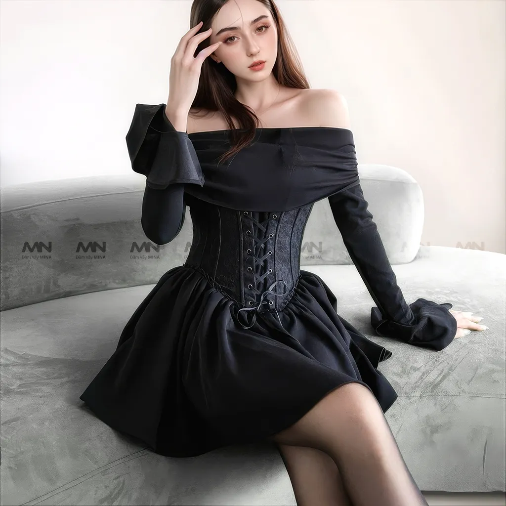 Ảnh Đầm trễ vai Corset MINA thiết kế dự tiệc, dạ hội chất liệu Cotton Nhật phối ren MN285 4