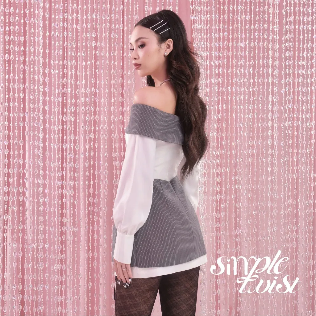 Ảnh Đầm trễ vai tay dài màu trắng phối xám sọc vạt chéo NEVER UNCOOL thanh lịch, tinh tế - Simple Twist 3