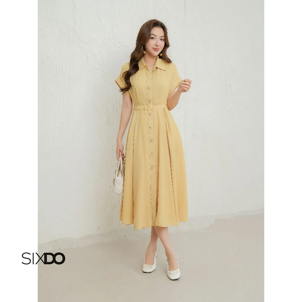 Ảnh Đầm vàng chanh dáng dài kèm đai SIXDO (Lime Woven Flared Dress) 1