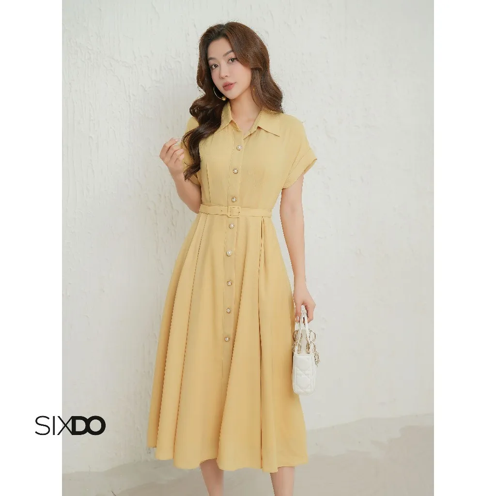 Ảnh Đầm vàng chanh dáng dài kèm đai SIXDO (Lime Woven Flared Dress) 2