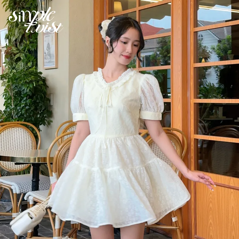 Ảnh Đầm váy hoa tay phồng cổ chữ V màu vàng chanh CICI phong cách tiểu thư sang chảnh - Simple Twist 1