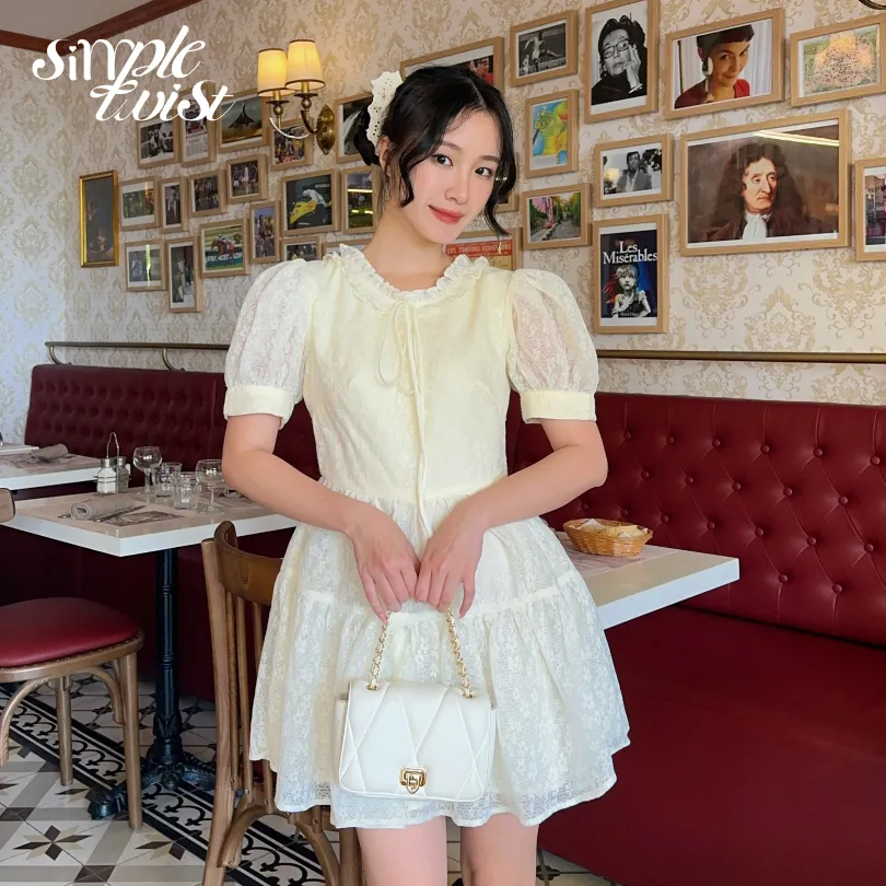 Ảnh Đầm váy hoa tay phồng cổ chữ V màu vàng chanh CICI phong cách tiểu thư sang chảnh - Simple Twist 4