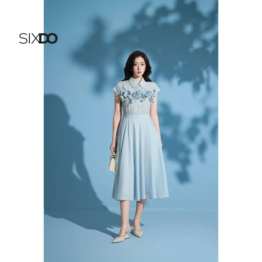 Ảnh Đầm xoè xanh cổ đức phối hoa 3D SIXDO (Light Blue 3D Flower Organza Flared Dress) 1